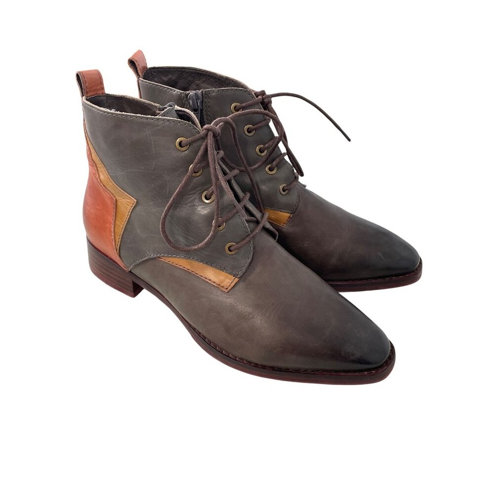 Spring Step Bianka Lace Up Ankle Bootie Size 38 Almond Toe Colorblock Leather